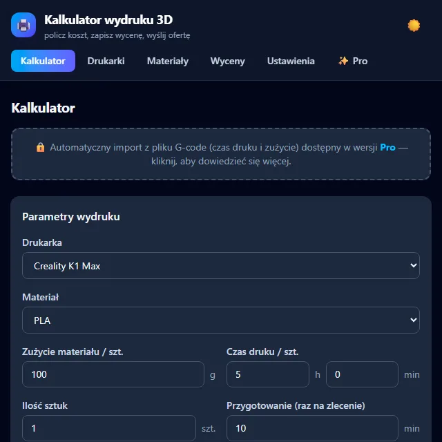 Kalkulator kosztów wydruku 3D