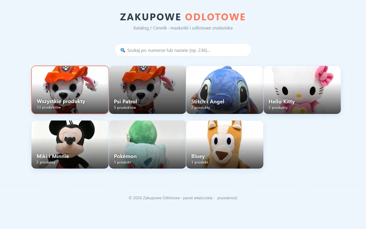 Zakupowe Odlotowe — katalog maskotek z kategoriami